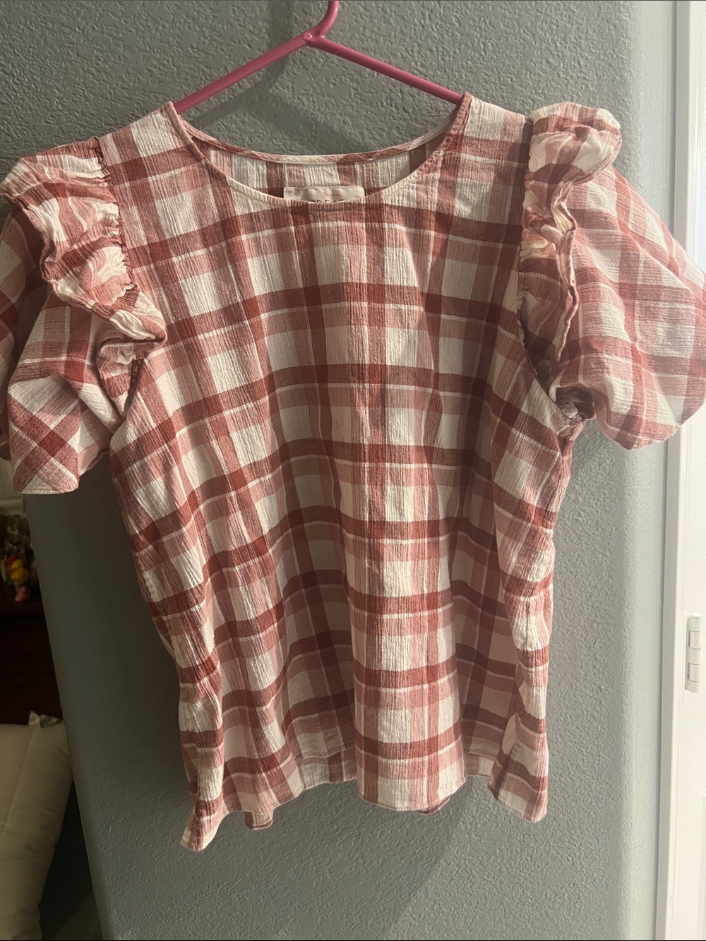 THE GREAT. Pink and White Checked Puff-Sleeve Blouse